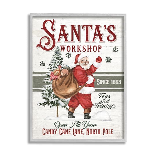 Stupell Industries Santa&#x27;s Workshop Weathered Vintage Sign Framed Giclee Art